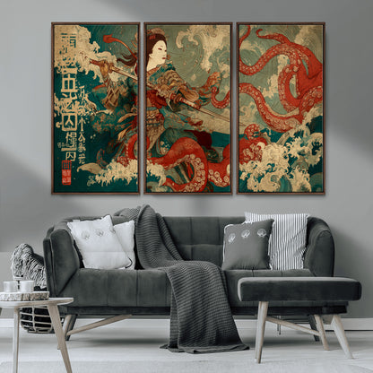 60201267-MGV-CV-36X24-Samurai Woman vs Octopus Wall Art – Japanese Ukiyo-e Armor Canvas Print, Red Tentacle Ocean Battle Artwork for Living Room,