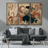 82737246-MGV-CV-36X24-Samurai Woman vs Octopus Wall Art – Japanese Ukiyo-e Dual Sword Canvas Print, Red Tentacle Ocean Battle Artwork for Living Room,