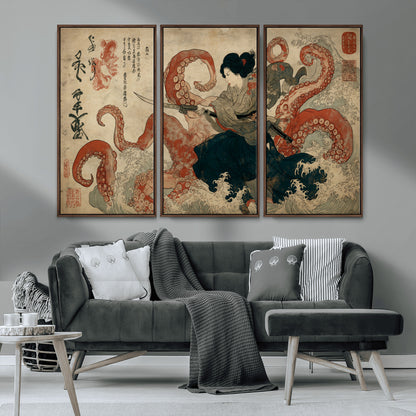 82737246-MGV-CV-36X24-Samurai Woman vs Octopus Wall Art – Japanese Ukiyo-e Dual Sword Canvas Print, Red Tentacle Ocean Battle Artwork for Living Room,