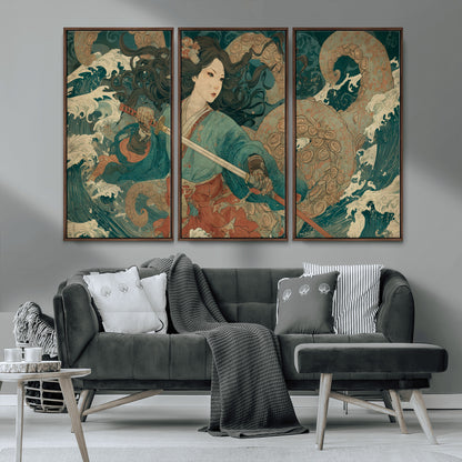 79740258-MGV-CV-36X24-Tsukioka Yoshitoshi Samurai Wall Art Print, Japanese Katana Warrior Canvas Wall Art, Octopus Sea Monster Canvas Print,