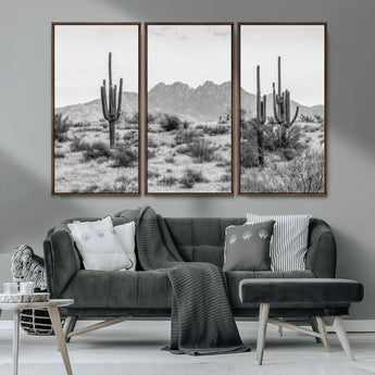 97436PHN-MGV-CV-36X24-Desert Landscape Wall Art – Black and White Cactus and Mountain Canvas Print, Southwestern Nature Photography for Living Room,