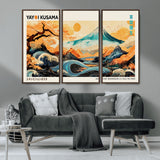 94085549-MGV-CV-36X24-Yayoi Kusama Inspired Japanese Landscape Art Print – Vibrant Mount Fuji, Waves & Autumn Trees, Modern Decorative Poster for