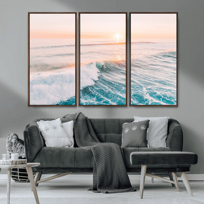 34064591-MGV-CV-36X24-Surfing Wall Art – Sunset Ocean Wave Canvas Print, Surfer Riding Sea Photography Decor for Bedroom, Living Room, Office, Coastal