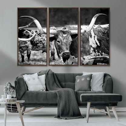 15425553-MGV-FC-48X32-3P_Walnut-Western Wall Art – Longhorn Cattle Black and White Canvas Print, Rustic Ranch Photography Decor for Bedroom, Living Room, Office,