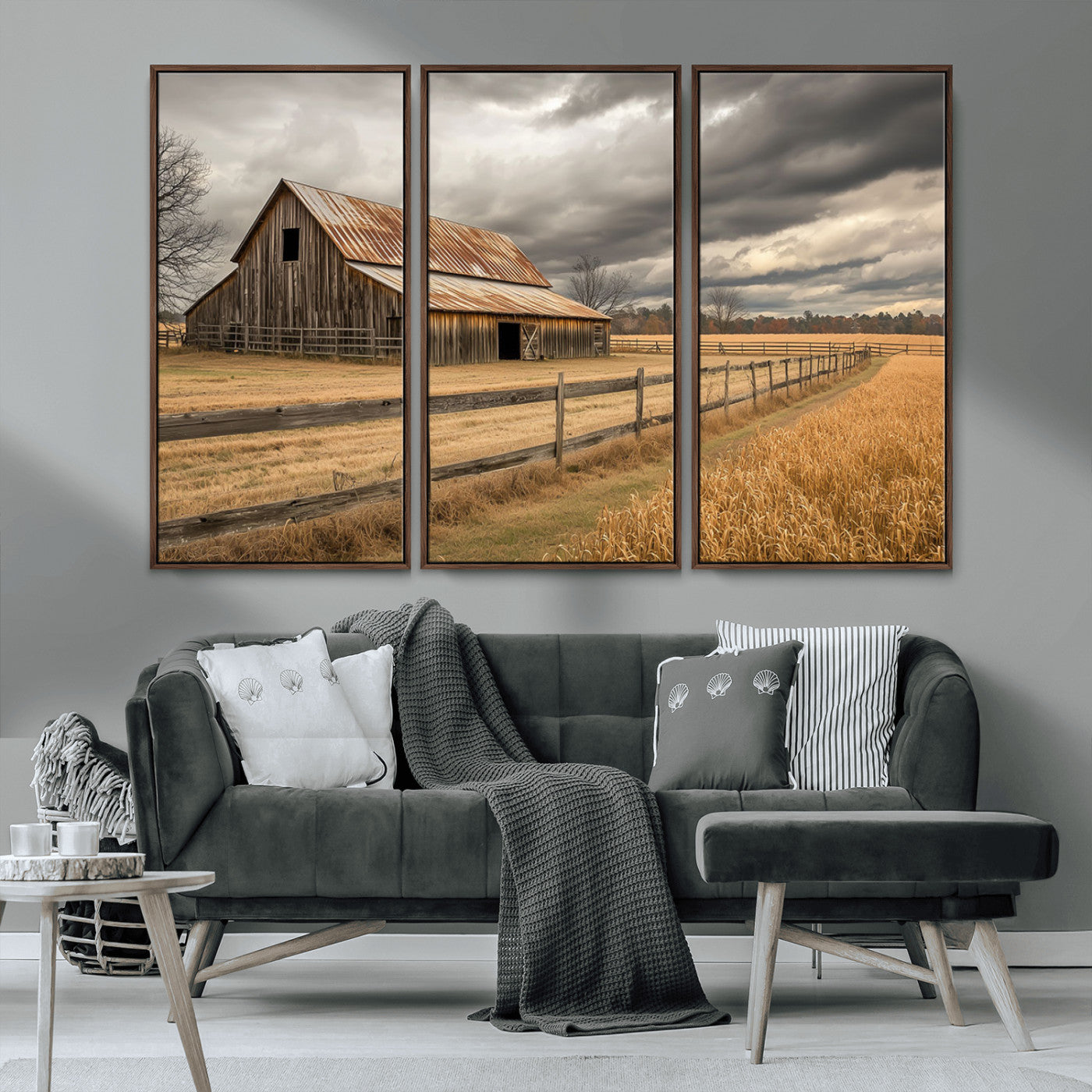 21991117-MGV-CV-36X24-Rustic Barn Wall Art – Weathered Farmhouse Canvas Print, Stormy Sky and Golden Field Photography Decor for Bedroom, Living Room,