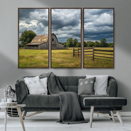 39409517-MGV-CV-36X24-Rustic Barn Wall Art – Weathered Farmhouse and Storm Clouds Canvas Print, Country Landscape Photography Decor for Bedroom, Living