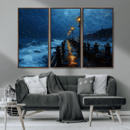 48300530-MGV-CV-36X24-Night Pier Wall Art – Moody Ocean Boardwalk Canvas Print, Impressionist Coastal Seascape Painting Decor for Living Room, Office,