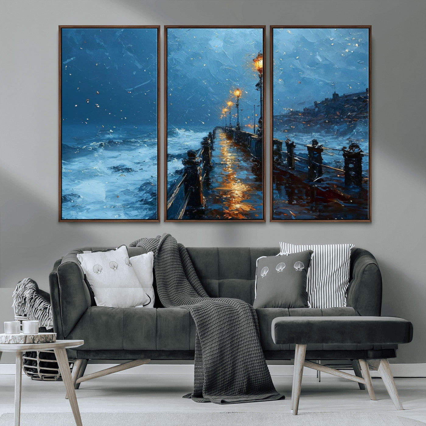 93793246-MGV-CV-36X24-Stormy Night Pier Canvas Wall Art – Moody Ocean Landscape with Lights, Blue Coastal Seascape Print for Bedroom, Living Room,