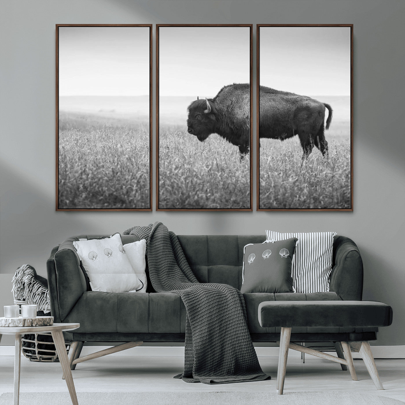 90861202-MGV-CV-36X24-Black and White Bison Canvas Wall Art – Rustic American Buffalo Print, Western Wildlife Photography for Farmhouse, Cabin, Office