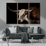 27414857-MGV-CV-36X24-Texas Longhorn Bull Canvas Wall Art – Rustic Western Farmhouse Decor, Brown & White Cow Portrait, Animal Print for Ranch Home