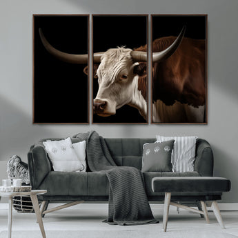 27414857-MGV-CV-36X24-Texas Longhorn Bull Canvas Wall Art – Rustic Western Farmhouse Decor, Brown & White Cow Portrait, Animal Print for Ranch Home