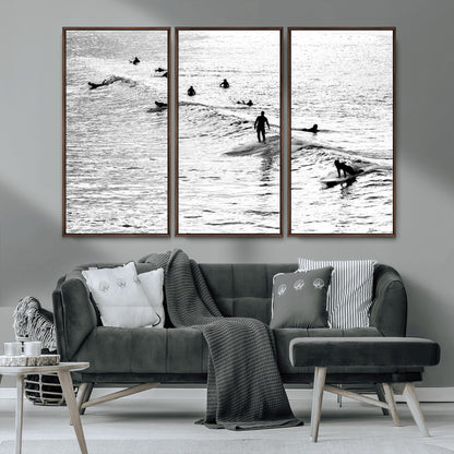 68018616-MGV-CV-36X24-Black and White Surf Photography Print – Minimalist Ocean Wall Art, Surfers Riding Waves, Coastal Beach Decor for Modern Home or