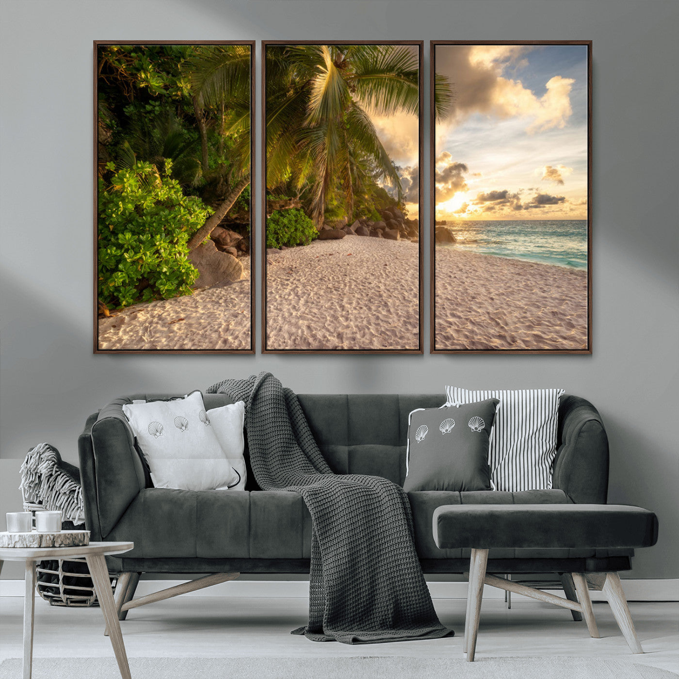 89531159-MGV-CV-36X24-Tropical Beach Sunset Canvas Wall Art – Palm Trees Golden Sand Ocean Waves Coastal Paradise Print for Beach House Bedroom Bathroom