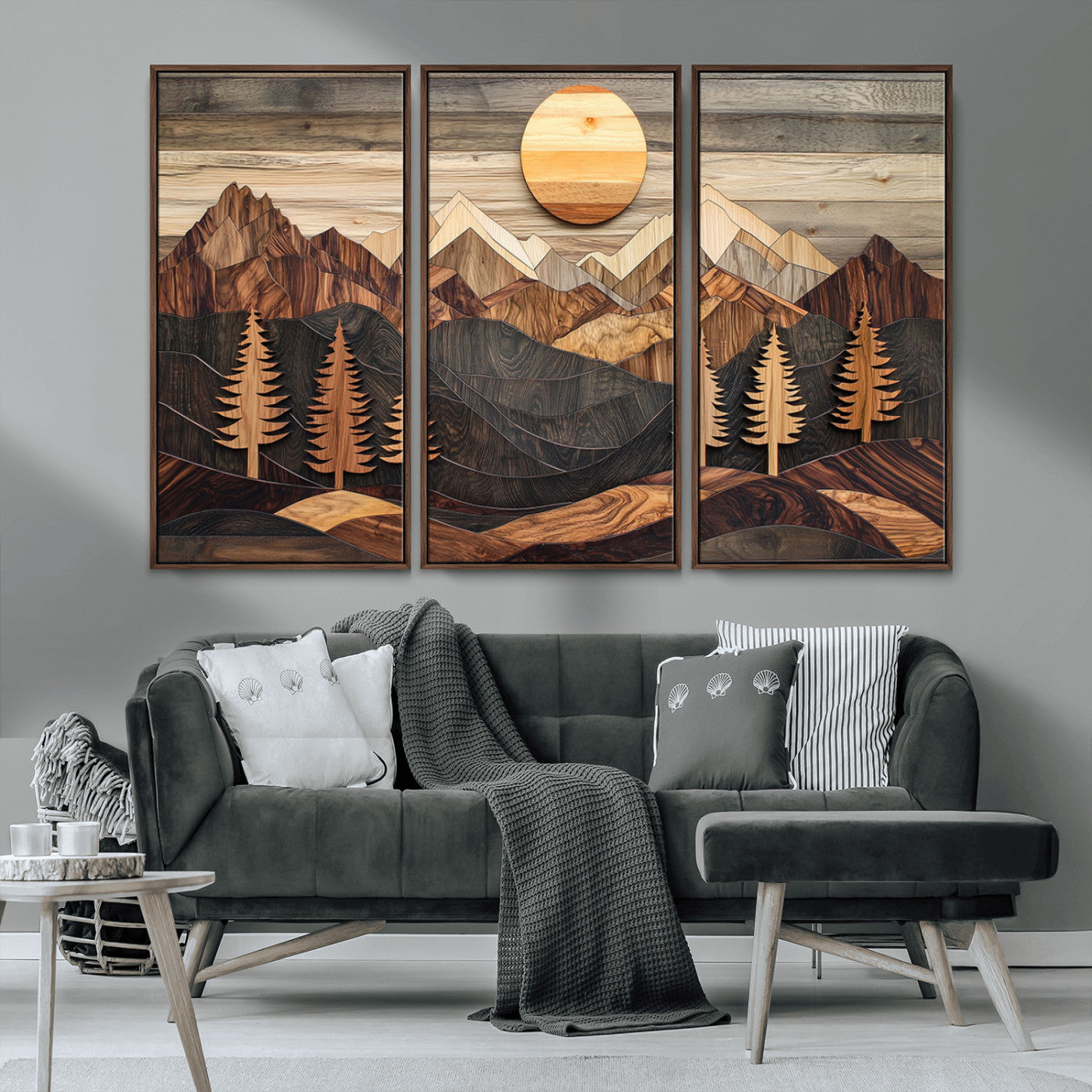 90044381-MGV-CV-36X24-Rustic Wall Art – Wooden Mountain Landscape with Sun and Pine Trees, Handcrafted Nature Canvas Style Decor for Bedroom, Living