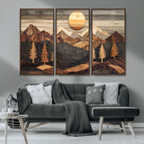 90044381-MGV-CV-36X24-Rustic Wall Art – Wooden Mountain Landscape with Sun and Pine Trees, Handcrafted Nature Canvas Style Decor for Bedroom, Living