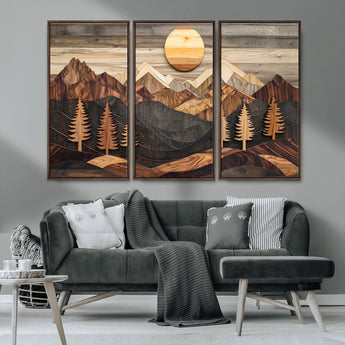 90044381-MGV-CV-36X24-Rustic Wall Art – Wooden Mountain Landscape with Sun and Pine Trees, Handcrafted Nature Canvas Style Decor for Bedroom, Living
