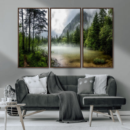93123937-MGV-CV-36X24-Landscape Wall Art – Misty Mountain Lake Canvas Print, Tranquil Forest and Waterfall Photography Decor for Bedroom, Living Room,