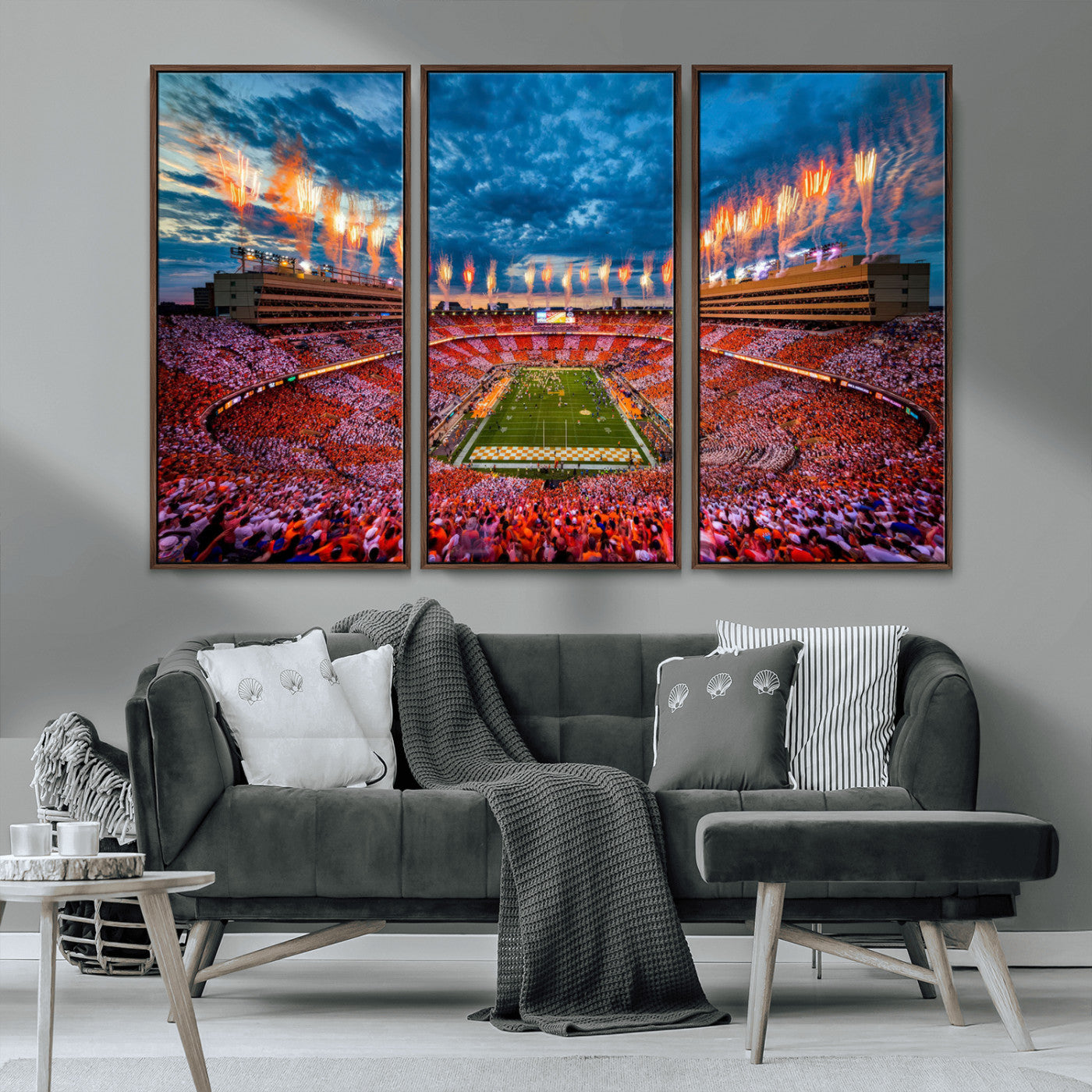 94266219-MGV-CV-36X24-Neyland Stadium Wall Art – Panoramic Tennessee Volunteers Checkerboard Crowd Fireworks Canvas Print, Football Game Day Sports