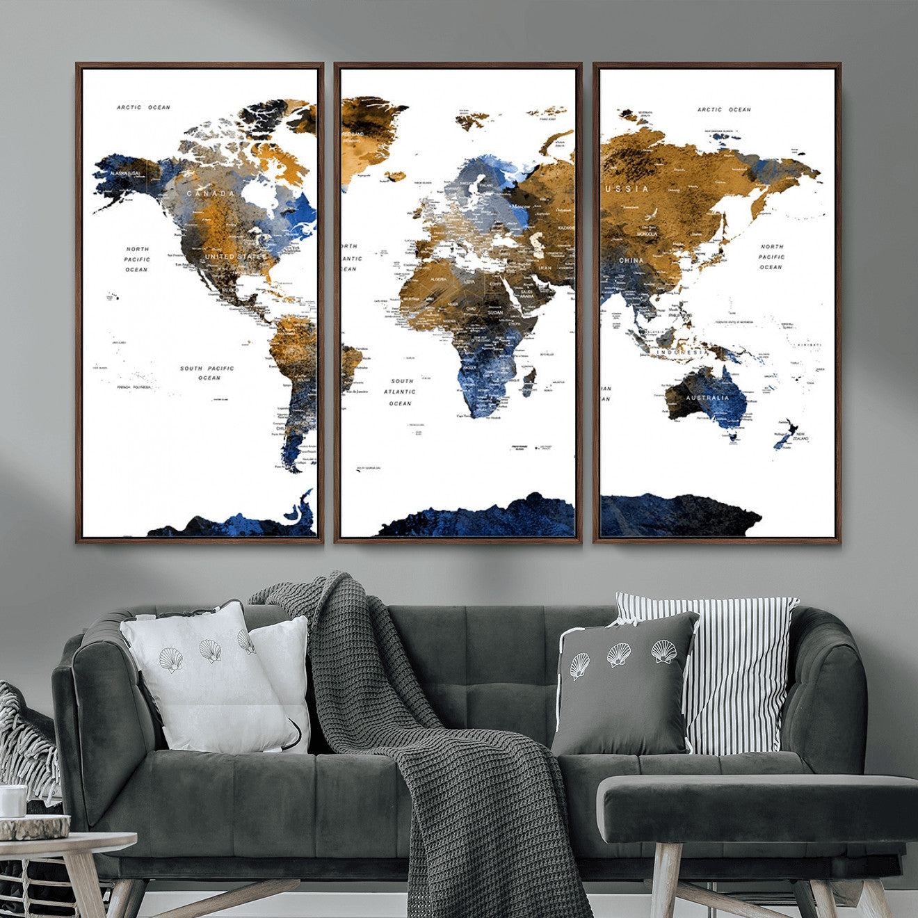 MGV-FC-48X32-3P - World Map Wall Art Canvas Print, Framed Blue Gold Map Art Picture Print, Rustic Atlas Perfect Rustic Modern Decor Artwork