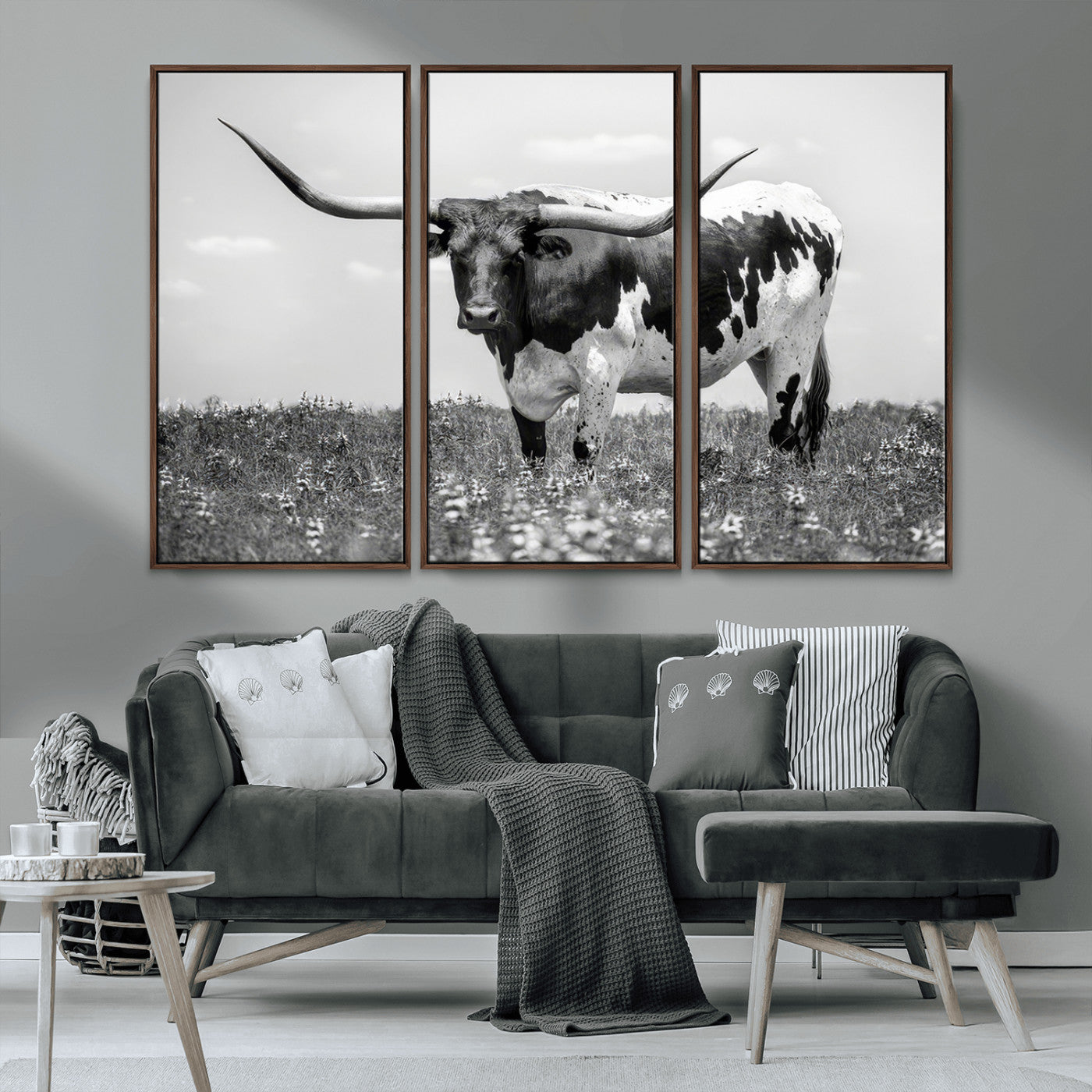 83785-MGV-FC-48X32-3P_Walnut-Texas Longhorn Wall Art Canvas Print, Framed Horned Bull Art Picture Print, Monochrome Cattle Perfect Rustic Western Decor Artwork