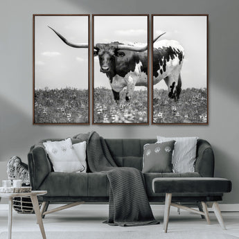 83785-MGV-FC-48X32-3P_Walnut-Texas Longhorn Wall Art Canvas Print, Framed Horned Bull Art Picture Print, Monochrome Cattle Perfect Rustic Western Decor Artwork
