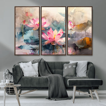 18414-MGV-FC-48X32-3P_Walnut-Pink Lotus Wall Art Canvas Print, Framed Water Lily Art Picture Print, Dreamy Floral Perfect Dreamy Botanical Decor Artwork
