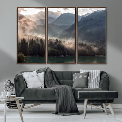 64758-MGV-CV-36X24-Misty Mountains Wall Art Canvas Print, Framed Moody Pines Art Picture Print, Forest Lake Perfect Moody Alpine Decor Artwork