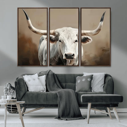 63550-MGV-CV-36X24-Texas Longhorn Wall Art Canvas Print, Framed White Bull Art Picture Print, Horned Cattle Perfect Rustic Western Decor Artwork