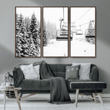 49274-MGV-CV-36X24-Snowy Forest Wall Art Canvas Print, Framed Ski Lift Art Picture Print, Mountain Snow Perfect Minimal Winter Lodge Decor Artwork