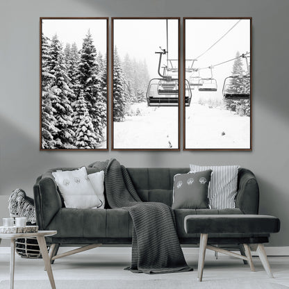 49274-MGV-CV-36X24-Snowy Forest Wall Art Canvas Print, Framed Ski Lift Art Picture Print, Mountain Snow Perfect Minimal Winter Lodge Decor Artwork