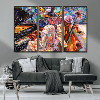 13675-MGV-CV-36X24-Jazz Band Wall Art Canvas Print, Framed Jazz Oil Painting Art Picture Print, Vibrant Music Perfect Abstract Musical Decor Artwork