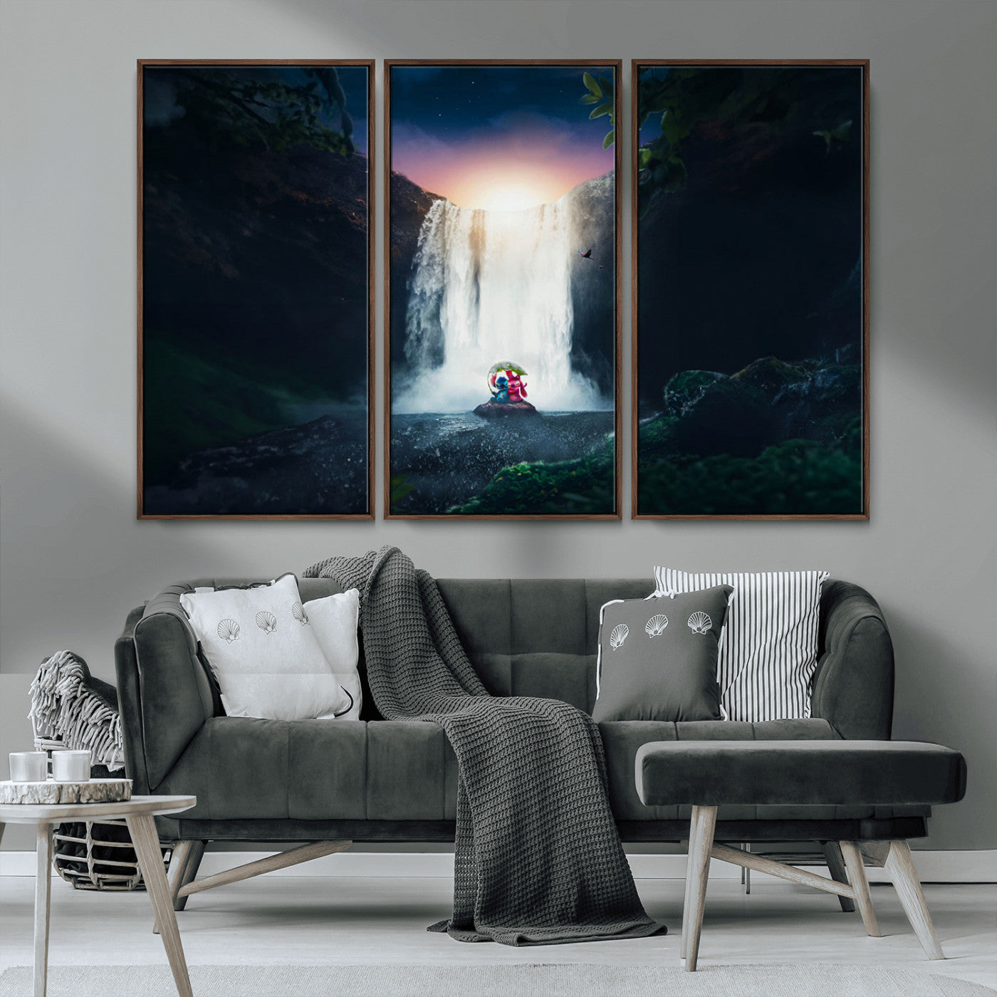 56359-MGV-FC-48X32-3P_Walnut-Lilo Stitch Wall Art Canvas Print, Framed Stitch Angel Art Picture Print, Cartoon Waterfall Perfect Tropical Fantasy Decor Artwork