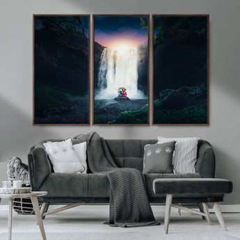 56359-MGV-FC-48X32-3P_Walnut-Lilo Stitch Wall Art Canvas Print, Framed Stitch Angel Art Picture Print, Cartoon Waterfall Perfect Tropical Fantasy Decor Artwork