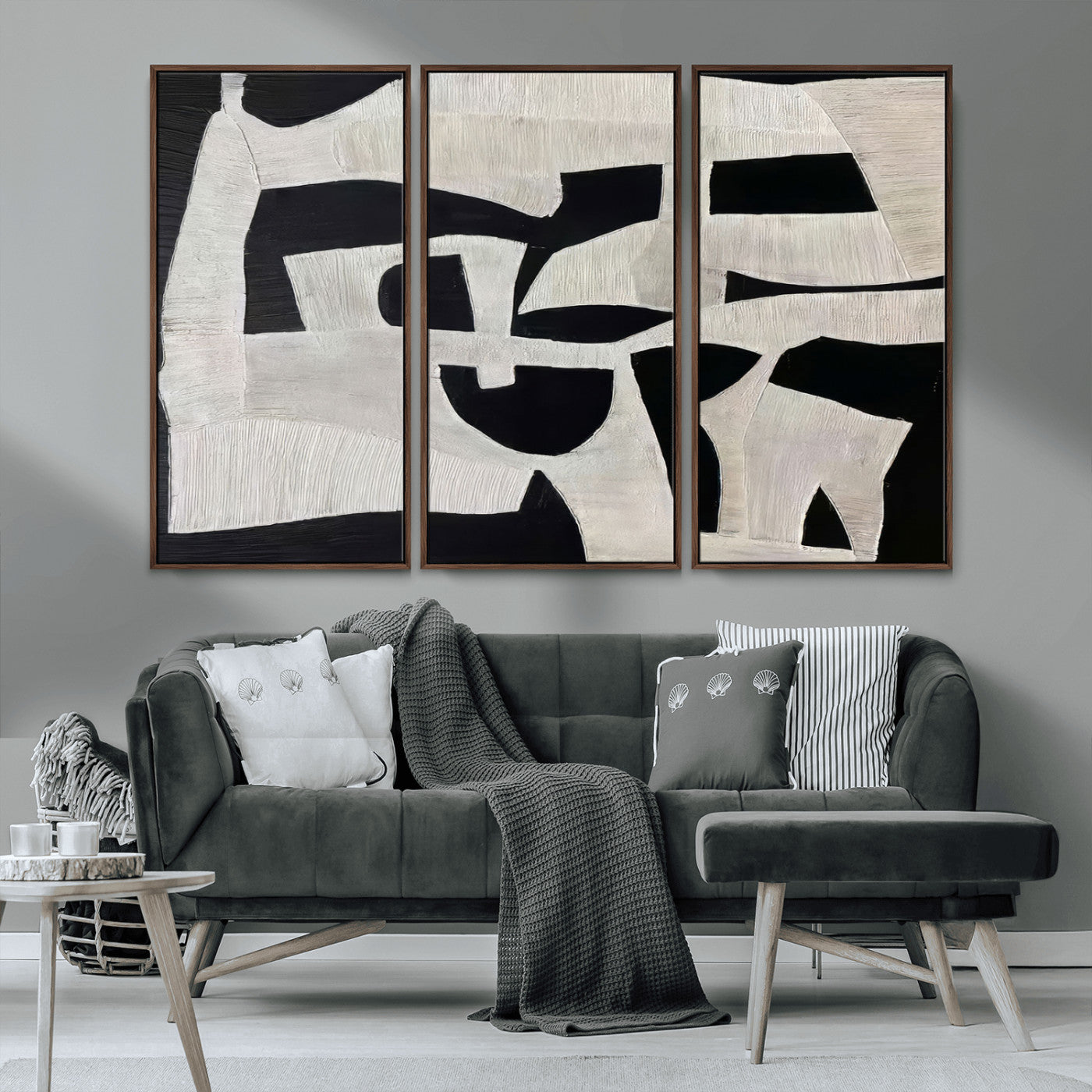 33714-MGV-CV-36X24-Monochrome Design Wall Art Canvas Print, Framed Modern Linework Art Picture Print, Textured Shapes Perfect Monochrome Modern Decor