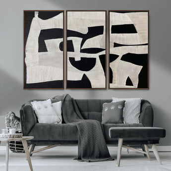 33714-MGV-CV-36X24-Monochrome Design Wall Art Canvas Print, Framed Modern Linework Art Picture Print, Textured Shapes Perfect Monochrome Modern Decor