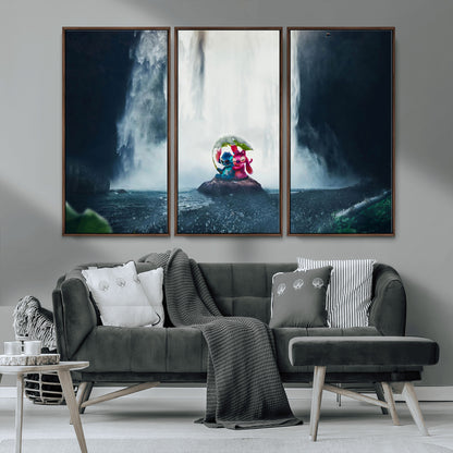32259-MGV-CV-36X24-Stitch Angel Wall Art Canvas Print, Framed Stitch Waterfall Art Picture Print, Cartoon Couple Perfect Moody Fantasy Decor Artwork