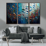 89626-MGV-CV-36X24-Fish Swarm Wall Art Canvas Print, Framed Abstract Ocean Art Picture Print, Underwater Life Perfect Vibrant Coastal Decor Artwork