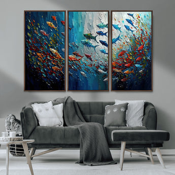 89626-MGV-CV-36X24-Fish Swarm Wall Art Canvas Print, Framed Abstract Ocean Art Picture Print, Underwater Life Perfect Vibrant Coastal Decor Artwork