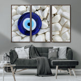 48883-MGV-FC-48X32-3P_Walnut-Evil Eye Wall Art – Deep Blue Symbol of Presence and Calm on White Stones, Subtle Spiritual Decor for Entryway, Studio, Office or
