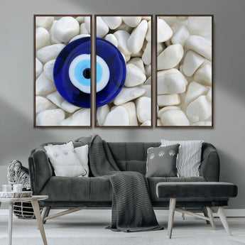 48883-MGV-FC-48X32-3P_Walnut-Evil Eye Wall Art – Deep Blue Symbol of Presence and Calm on White Stones, Subtle Spiritual Decor for Entryway, Studio, Office or