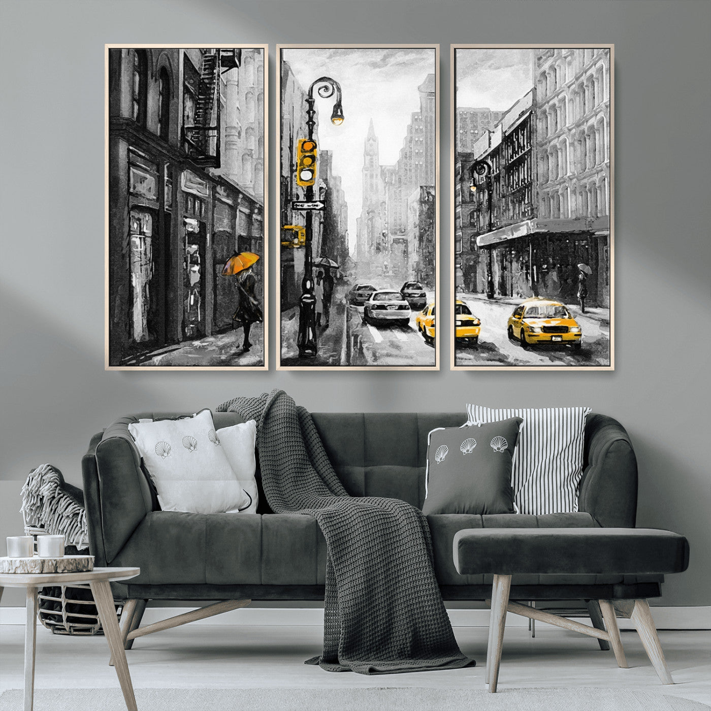 32362-MGV-FC-48X32-3P_Natural-NYC Street Wall Art – Black and White Cityscape with Yellow Taxis and Umbrella Canvas Print, Urban Home Decor for Living Room or