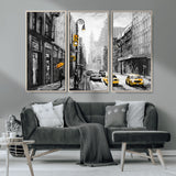 32362-MGV-FC-48X32-3P_Natural-NYC Street Wall Art – Black and White Cityscape with Yellow Taxis and Umbrella Canvas Print, Urban Home Decor for Living Room or