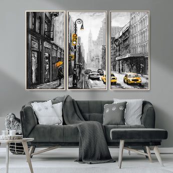 32362-MGV-FC-48X32-3P_Natural-NYC Street Wall Art – Black and White Cityscape with Yellow Taxis and Umbrella Canvas Print, Urban Home Decor for Living Room or