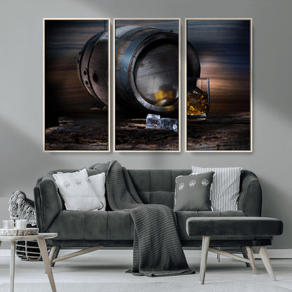 78049-MGV-CV-36X24-Whiskey Barrel Wall Art – Rustic Whiskey Barrel and Glass with Ice Canvas Print, Classic Bar or Lounge Decor for Home, Office, or