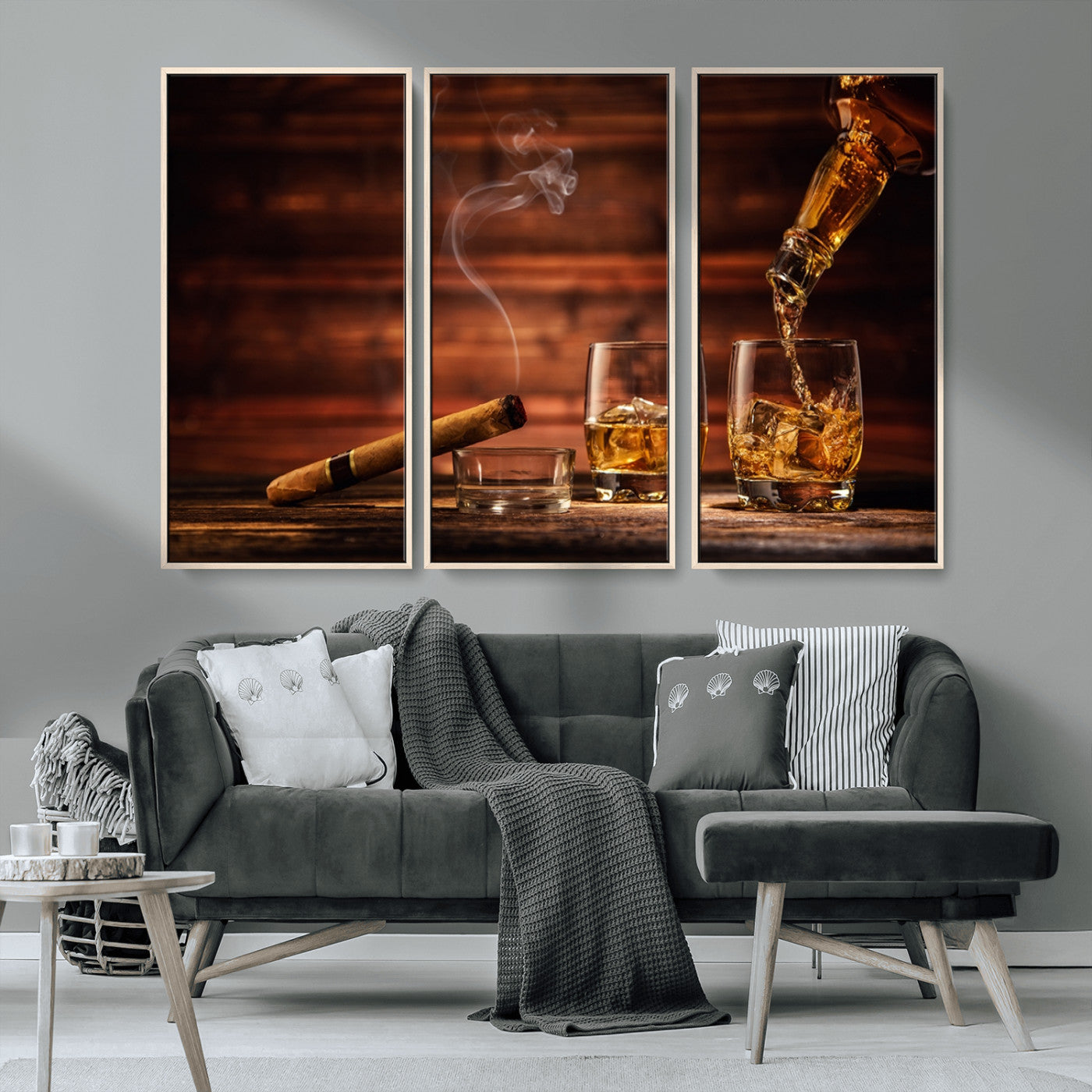 91042-MGV-CV-36X24-Whiskey & Cigar Wall Art – Elegant Whiskey Pour and Smoldering Cigar Canvas Print, Sophisticated Bar or Lounge Decor for Home,