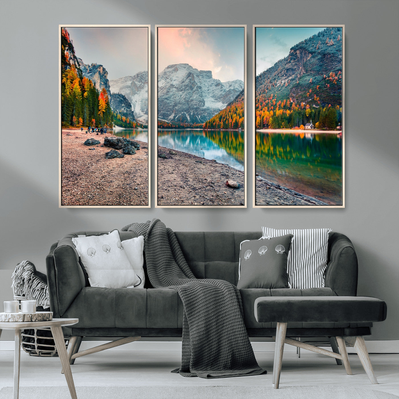 25982-MGV-CV-36X24-Autumn Mountain Lake Wall Art – Panoramic Fall Foliage and Snowy Peaks Canvas Print, Scenic Nature Decor for Living Room or Office