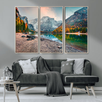 25982-MGV-CV-36X24-Autumn Mountain Lake Wall Art – Panoramic Fall Foliage and Snowy Peaks Canvas Print, Scenic Nature Decor for Living Room or Office