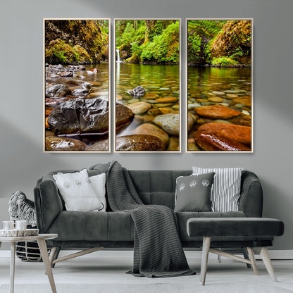 98096-MGV-CV-36X24-Serene River Waterfall Nature Photo – Calm Clear Water, Vibrant Green Forest and Smooth Stones Landscape Wall Art for Home or