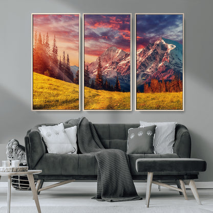 83947-MGV-CV-36X24-Sunset Mountain Landscape Wall Art – Panoramic Alpine Meadow and Snow Capped Peaks Canvas Print, Nature Scenic Decor for Home,