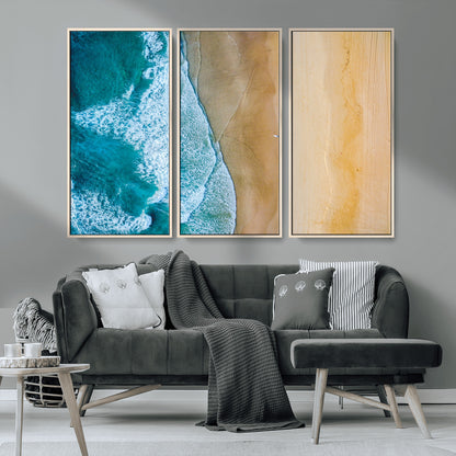 46640-MGV-CV-36X24-Aerial Beach Wall Art – Turquoise Waves and Golden Sand Canvas Print with Lone Surfer, Coastal Ocean Decor for Living Room,